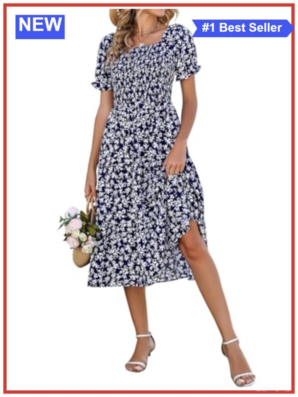 Viscose Elastane Smocked Midi Dress with Pockets Casual Sundress